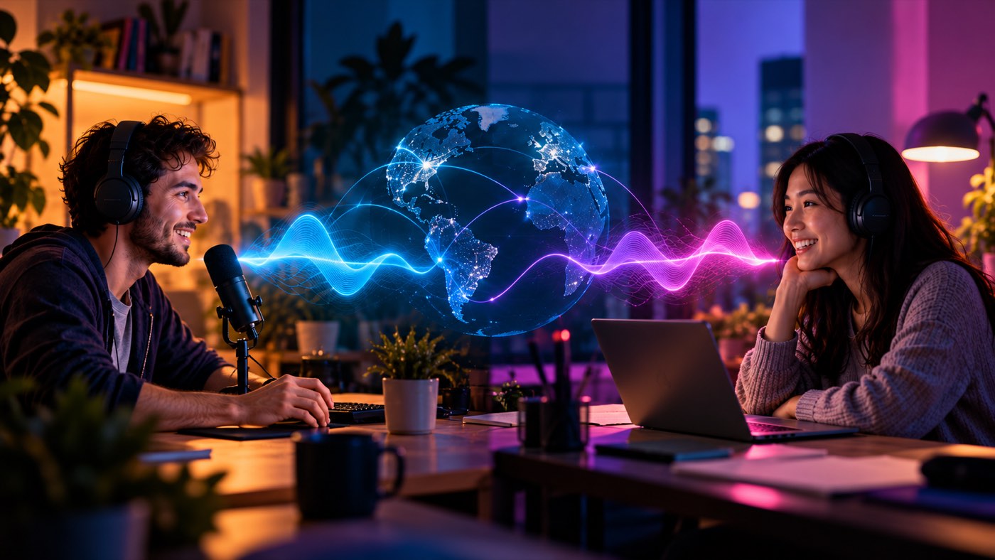 Two people wearing headphones at their laptops, with an illustrated globe and connected audio waveforms between them.