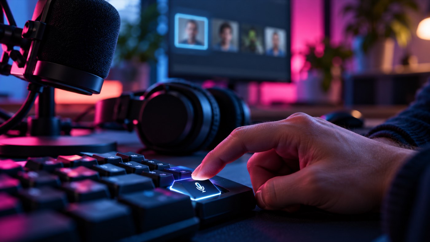 A finger pressing a glowing microphone key on a backlit keyboard, with headphones and a podcast microphone in a neon-lit workspace.
