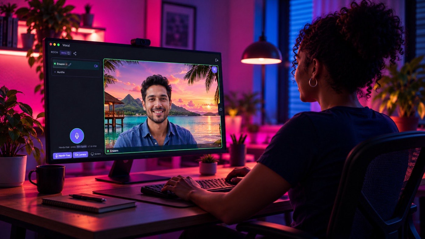 A person using Voxal at their desk, with a video participant appearing against a tropical island virtual background.